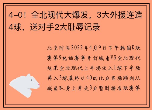 4-0！全北现代大爆发，3大外援连造4球，送对手2大耻辱记录